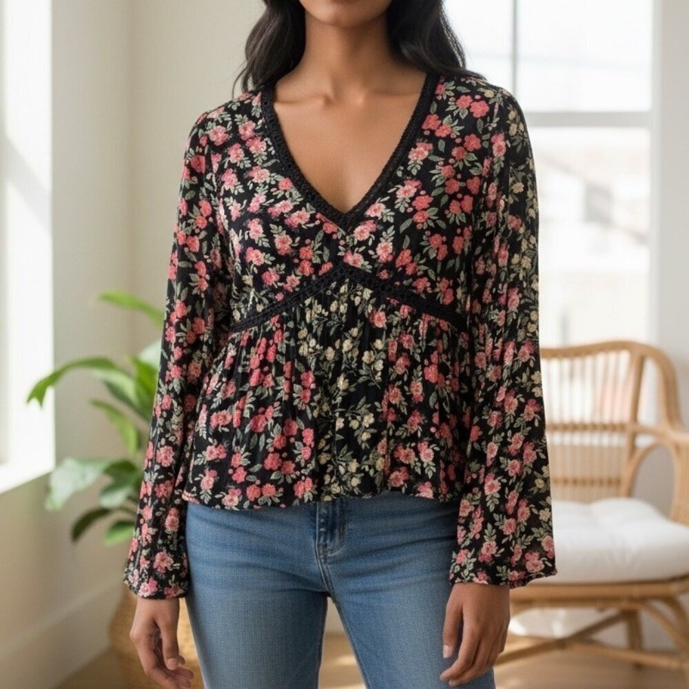 Patrons Of Peace Womens Sz Small Babydoll Cropped Floral Blouse Whimsigoth